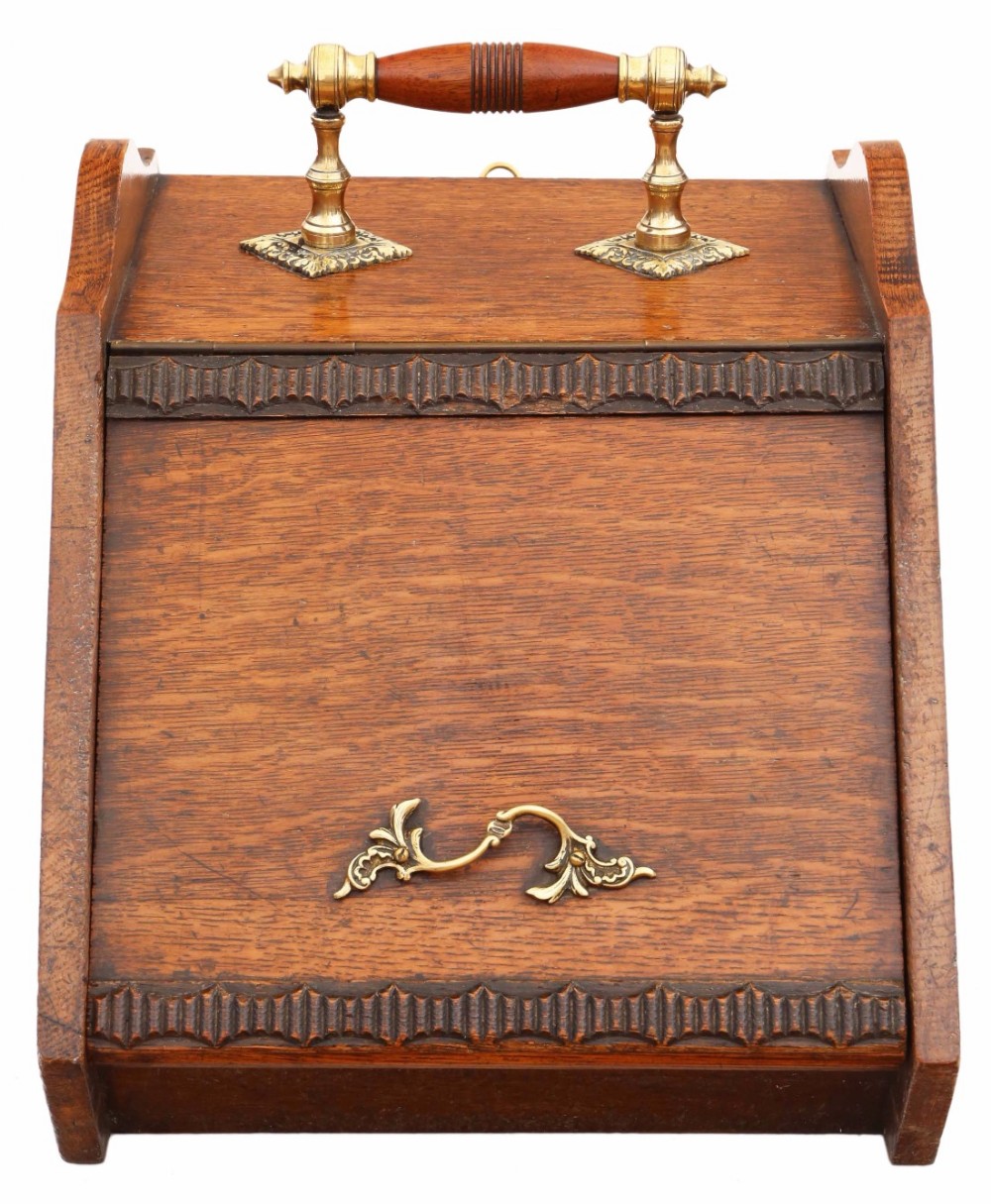 Oak and brass coal scuttle box perdonium