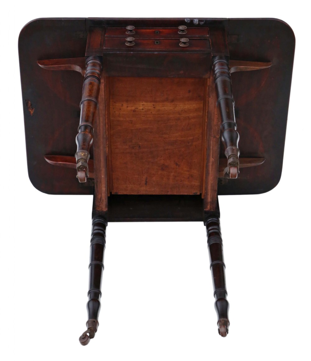 Antique 19th Century mahogany two drawer drop leaf work table C1840 View IX