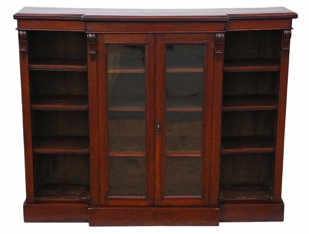 Victorian oak breakfront part glazed bookcase View II