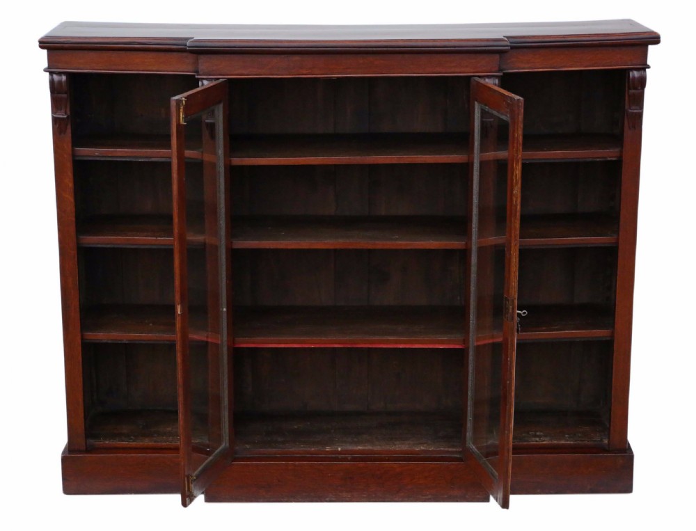 Victorian oak breakfront part glazed bookcase View III