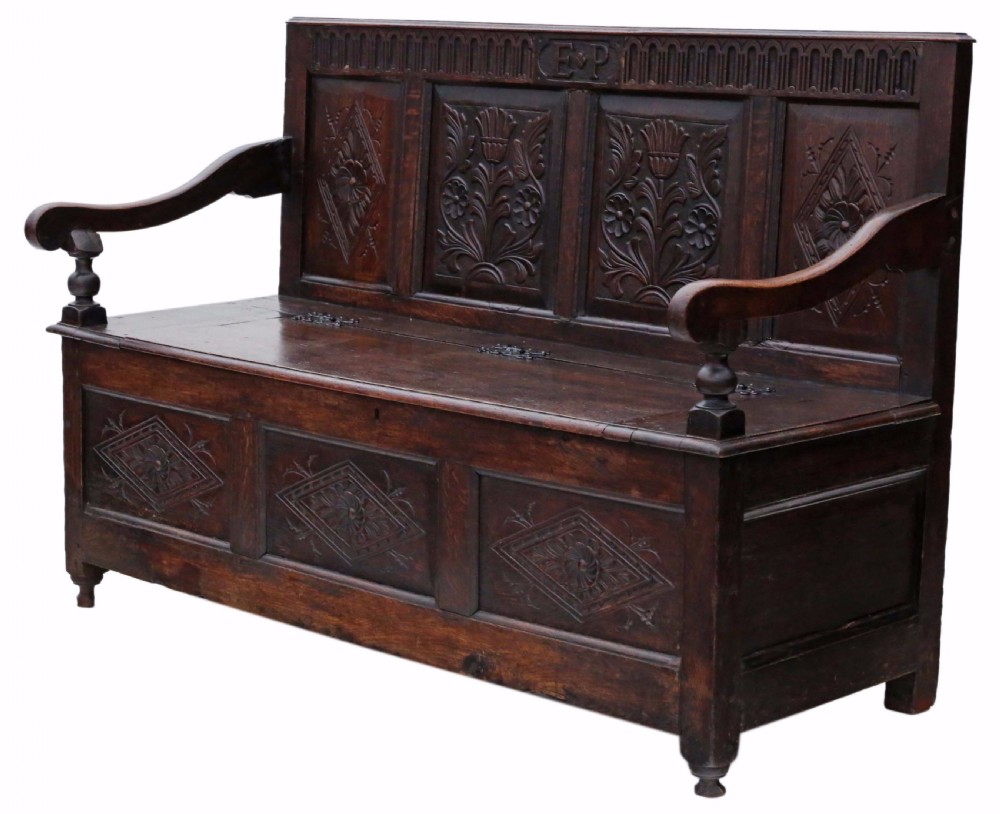 Georgian carved oak settle coffer bench seat