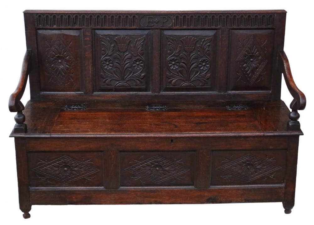Georgian carved oak settle coffer bench seat View II