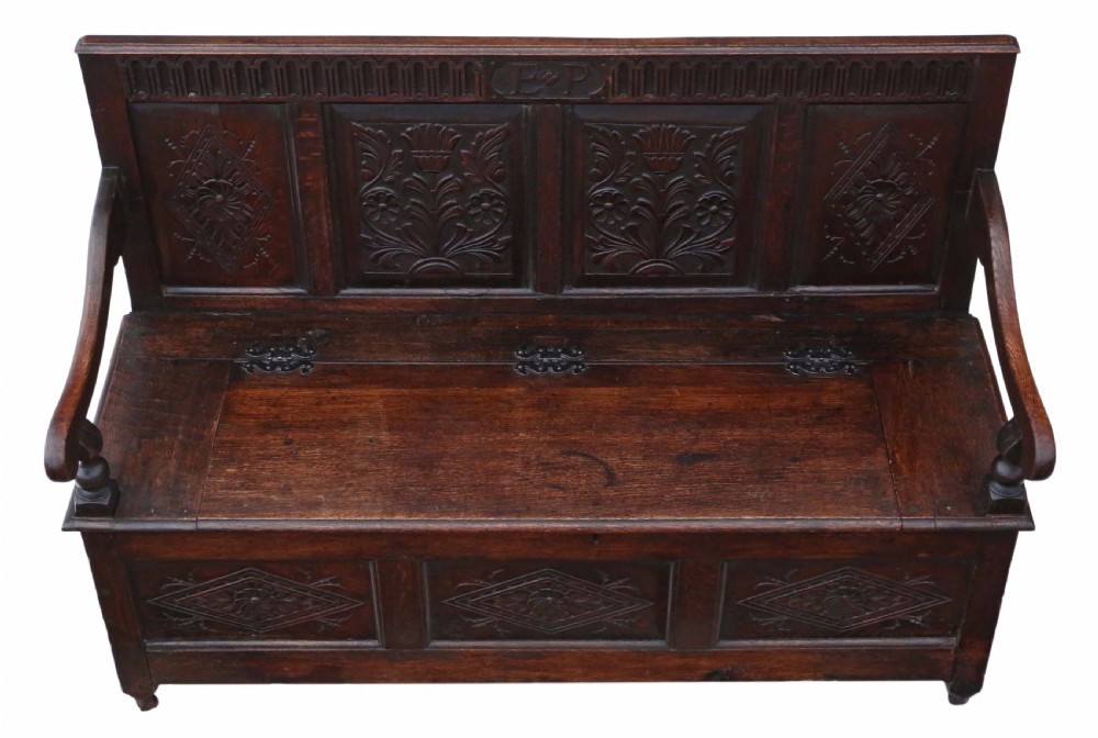 Georgian carved oak settle coffer bench seat View III