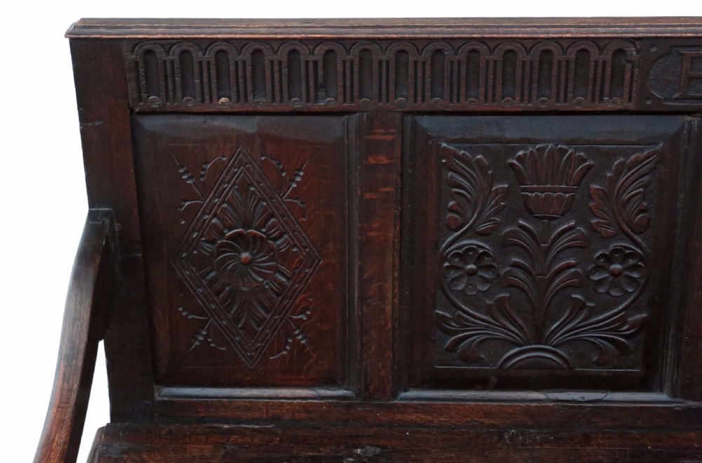 Georgian carved oak settle coffer bench seat View V