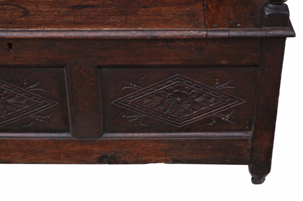 Georgian carved oak settle coffer bench seat View VII