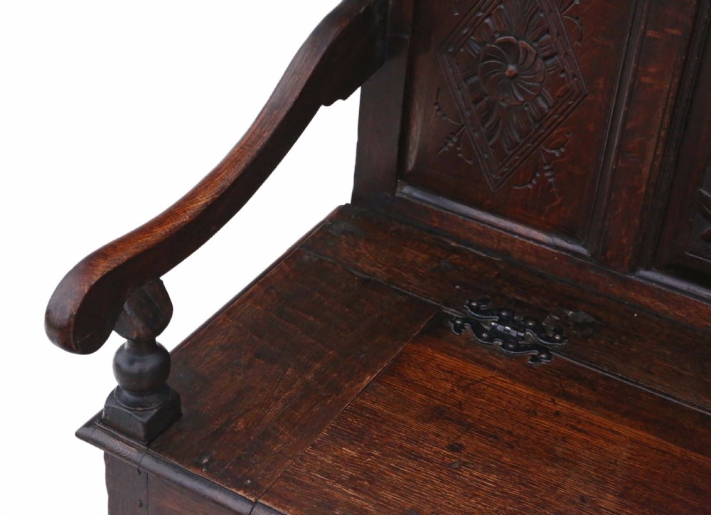 Georgian carved oak settle coffer bench seat View X