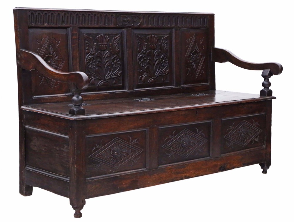 Georgian carved oak settle coffer bench seat View XII