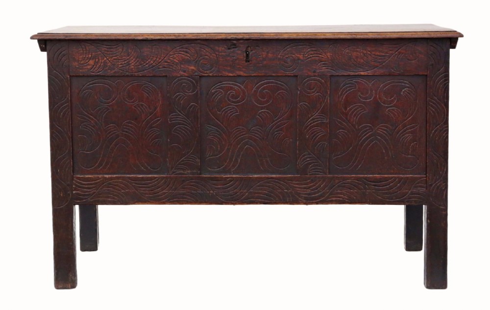 Georgian carved oak coffer or mule chest  View II