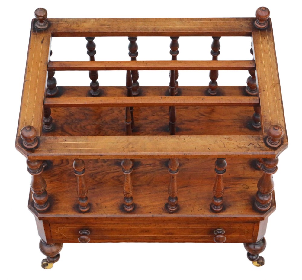 Victorian inlaid burr walnut Canterbury magazine stand View II