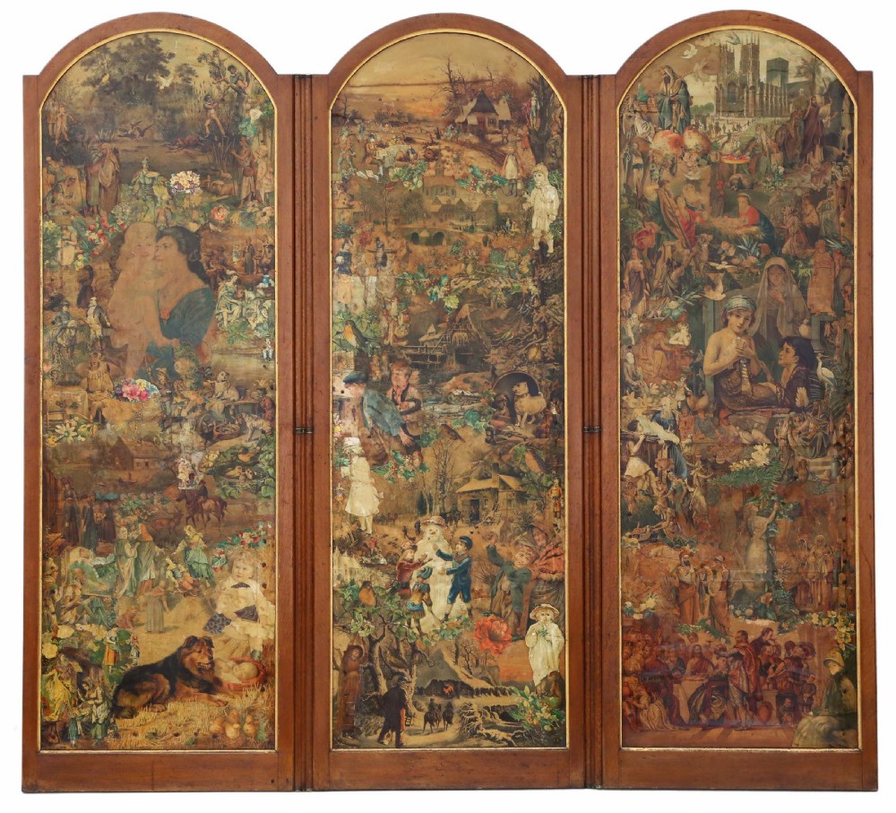 Victorian oak decoupage dressing screen