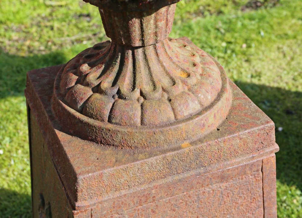 Pair of Victorian cast iron planters classical urns on plinths View VII