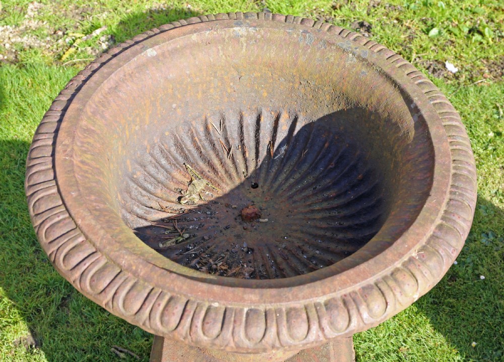 Pair of Victorian cast iron planters classical urns on plinths View VIII