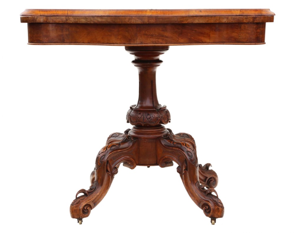 Victorian burr walnut serpentine folding card table View II