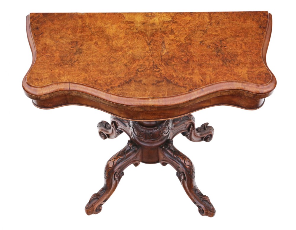 Victorian burr walnut serpentine folding card table View V