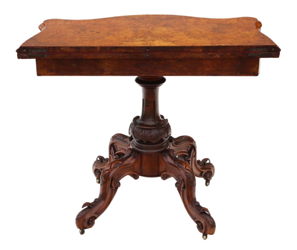 Victorian burr walnut serpentine folding card table View X
