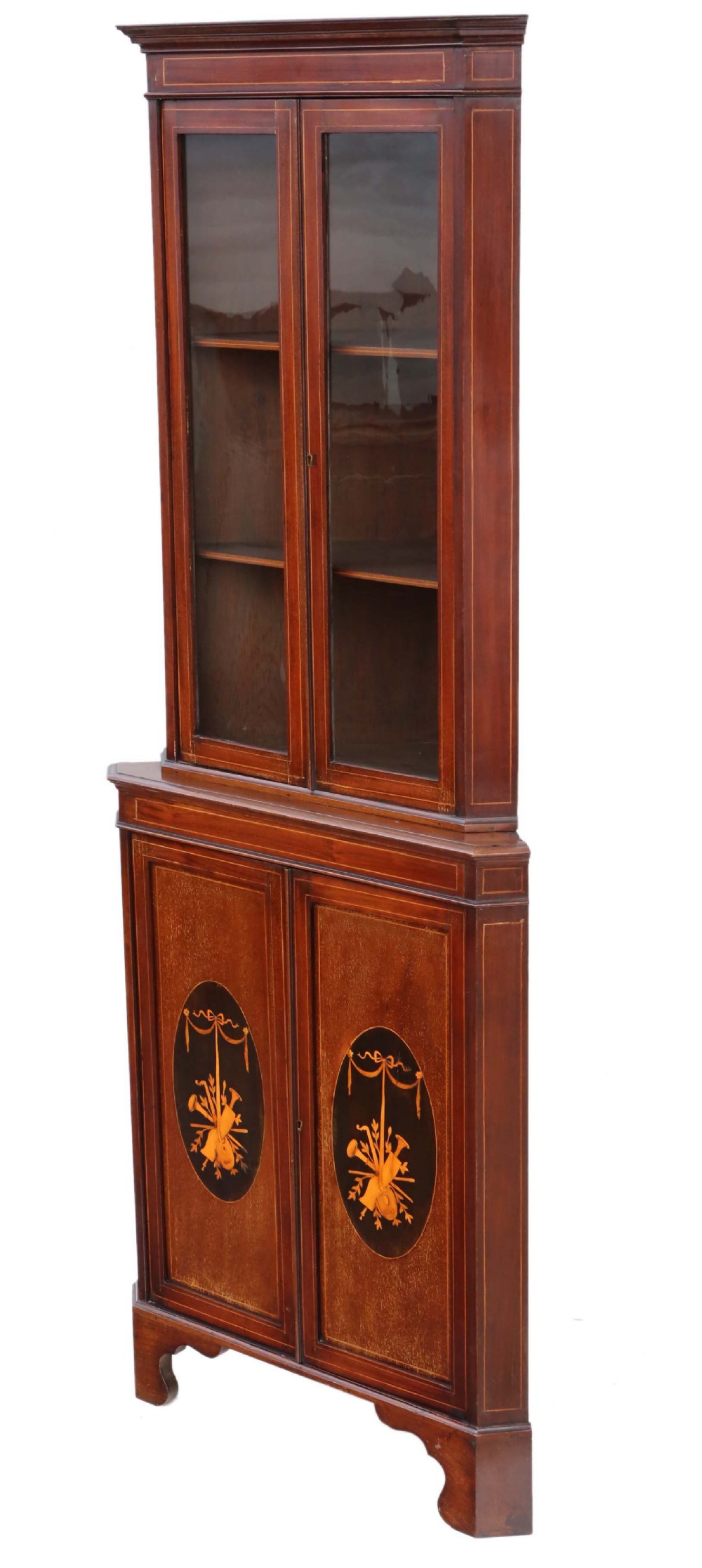 Edwardian inlaid mahogany display corner cabinet