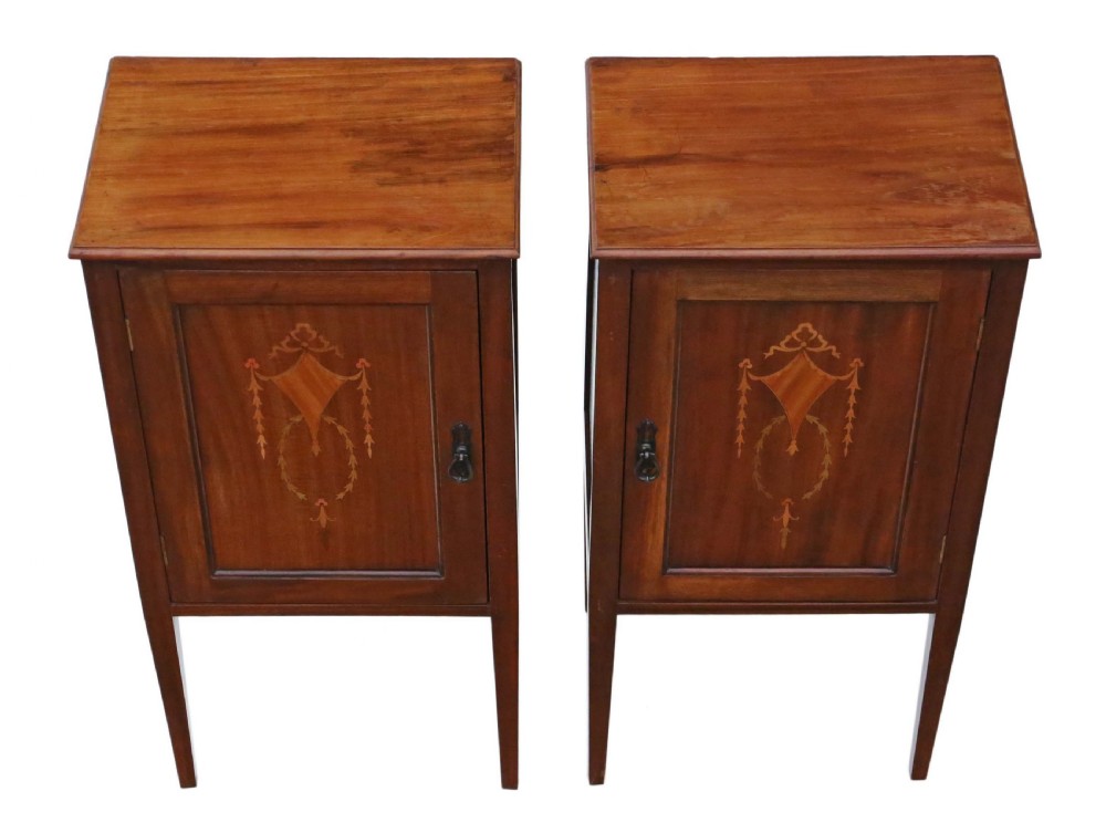 Pair of Edwardian inlaid bedside tables  View III