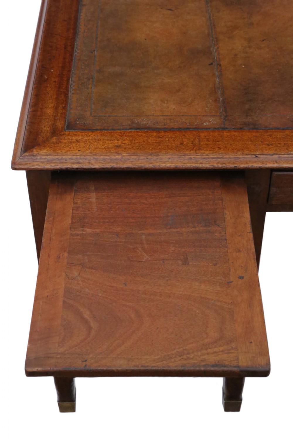 A mahogany twin pedestal writing desk featuring a worn brown leather top insert, multiple drawers with brass handles, and square tapered feet. View IX