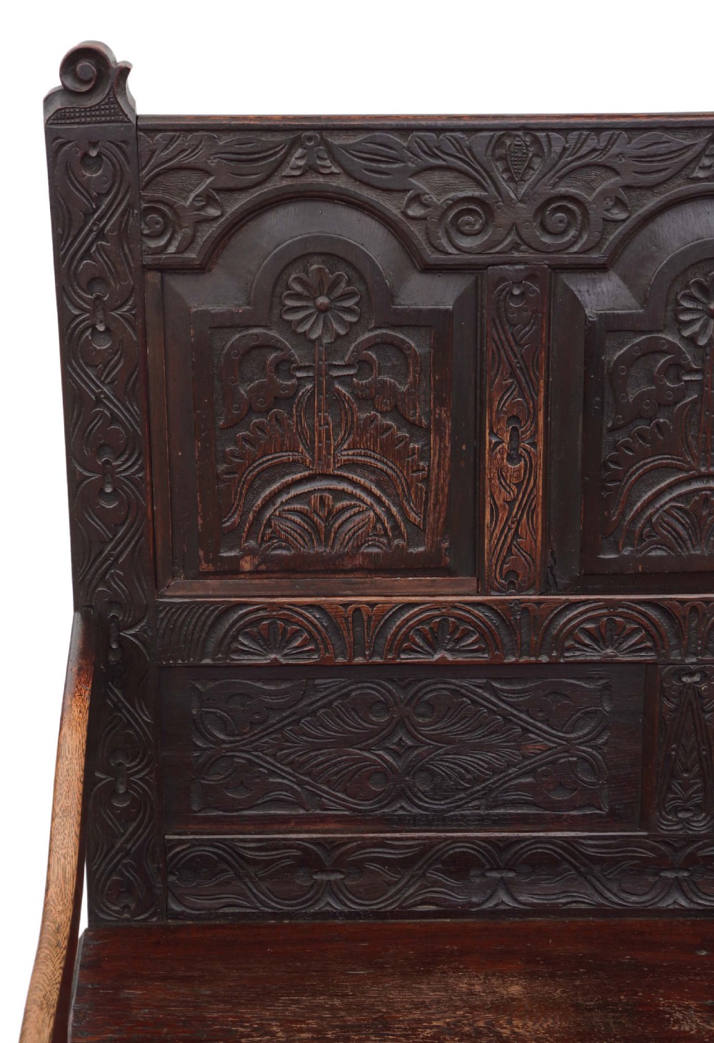Georgian carved oak settle bench View II