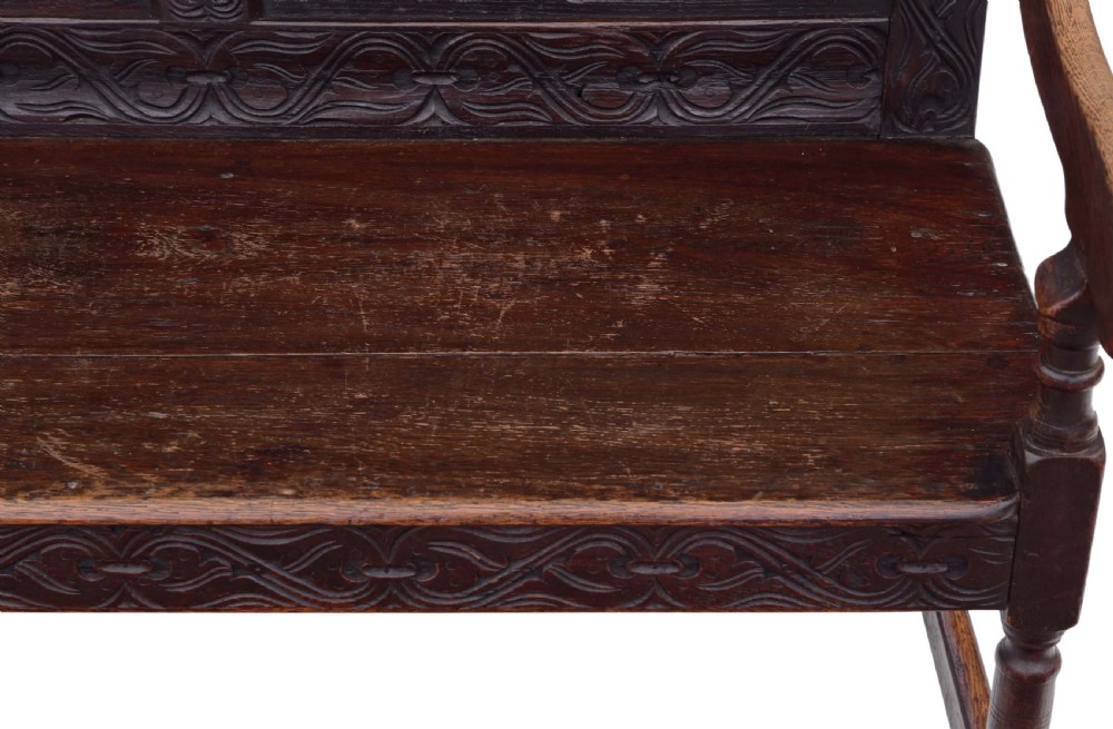 Georgian carved oak settle bench View III