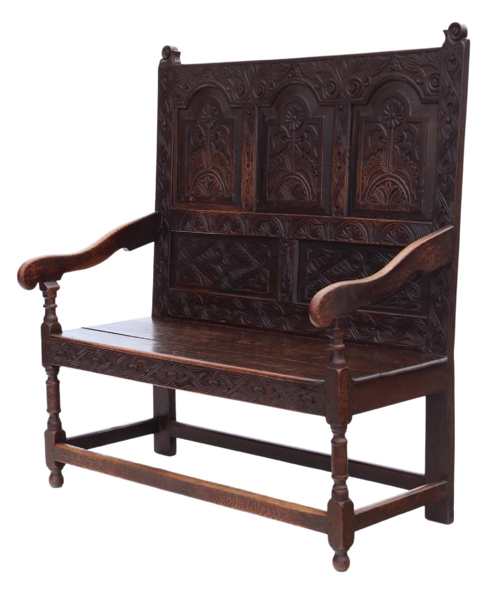 Georgian carved oak settle bench View IV