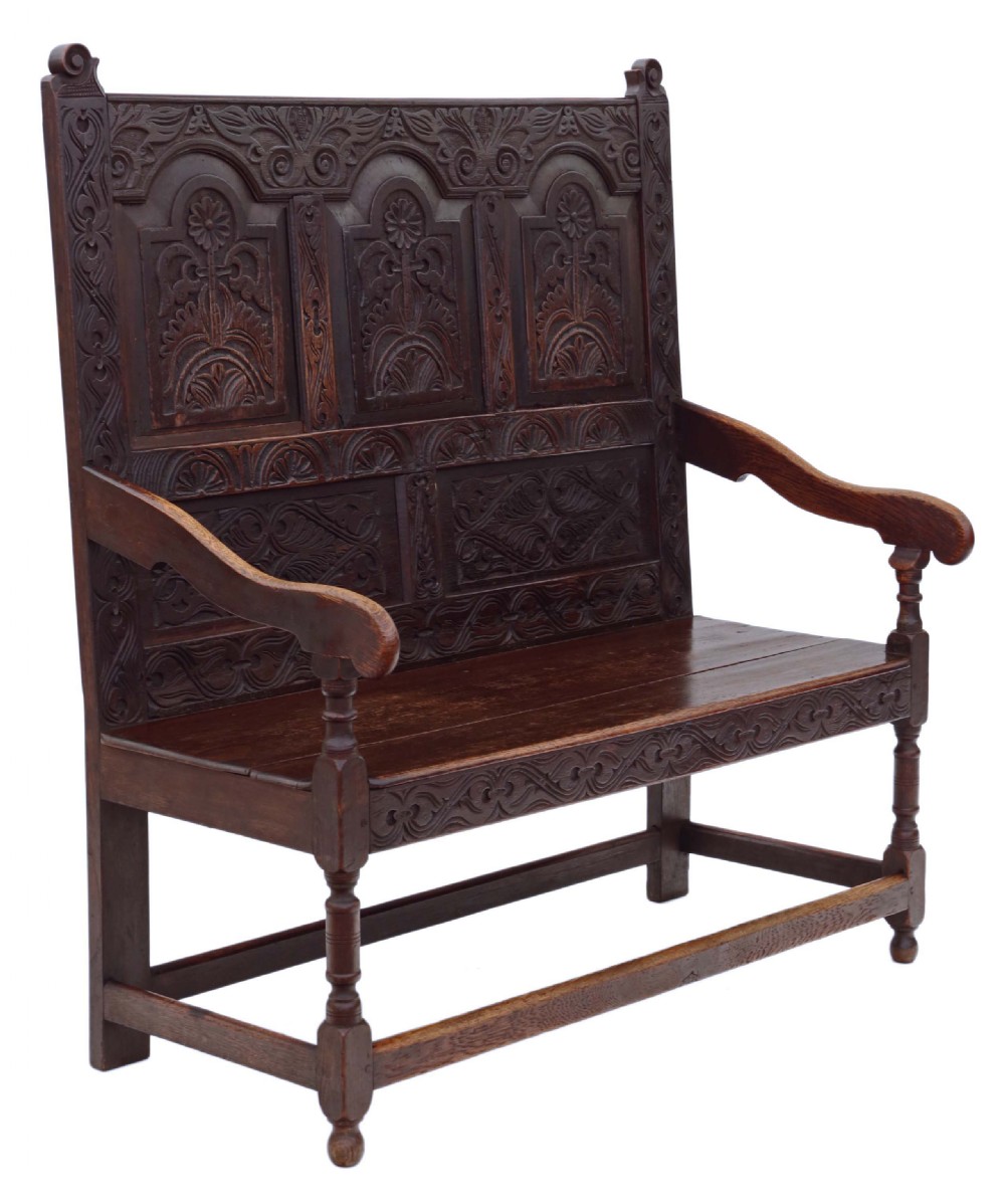 Georgian carved oak settle bench View VI