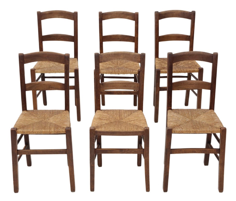 Set of 6 Victorian beech dining chairs rush seats