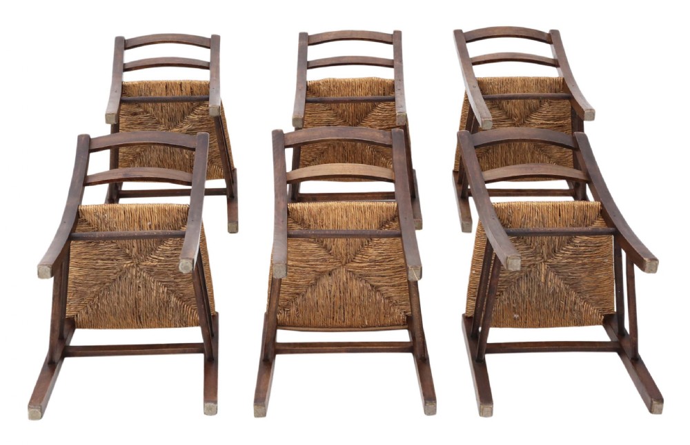 Set of 6 Victorian beech dining chairs rush seats View IV