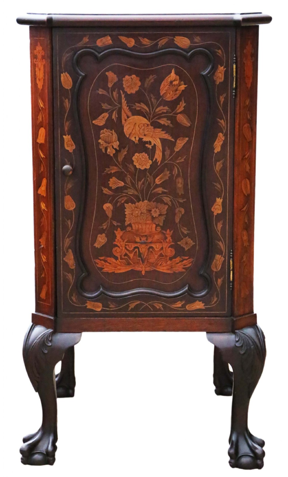 Marquetry inlaid mahogany bedside table