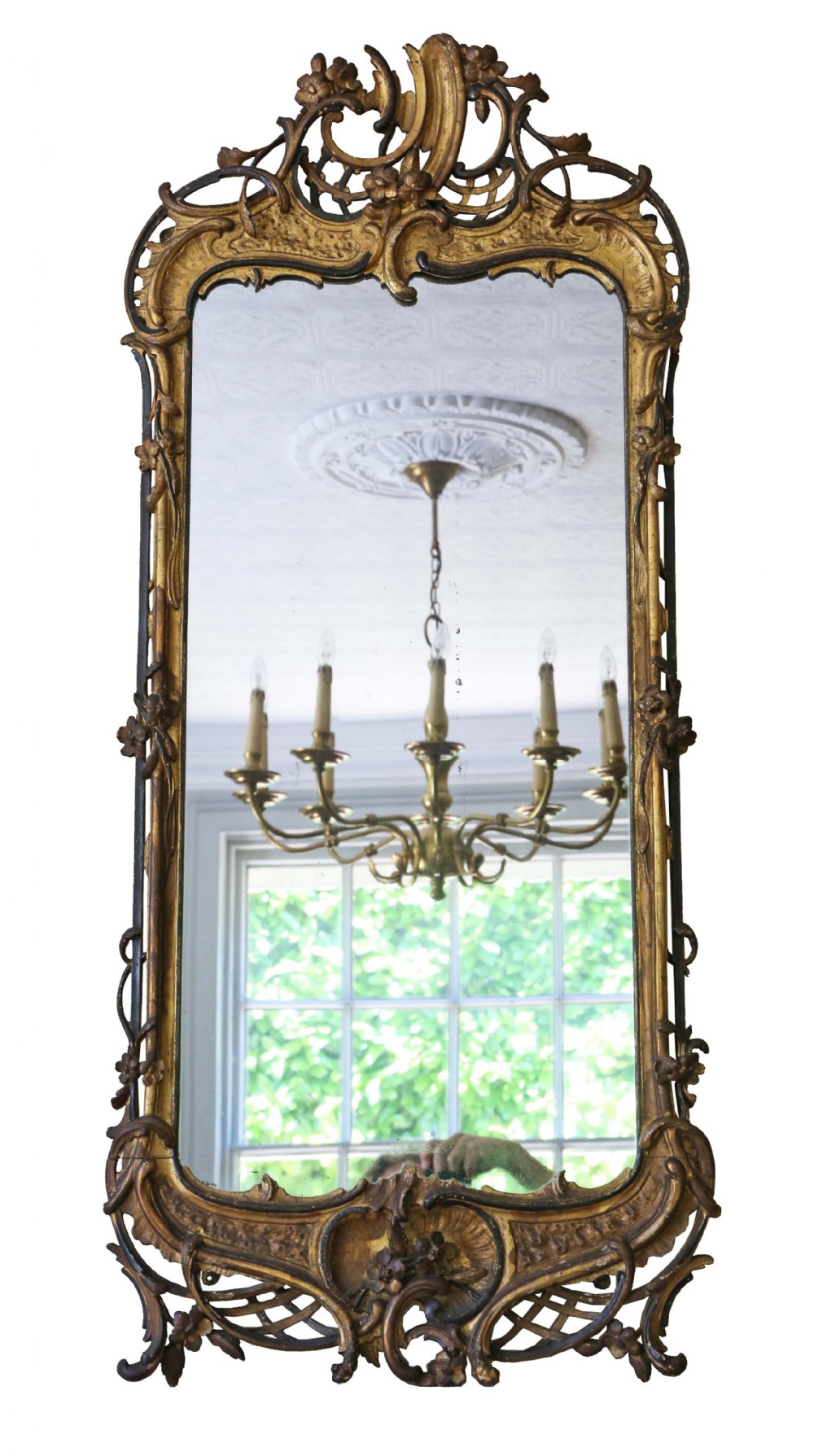 Georgian tall ebonised and gilt hall wall mirror 