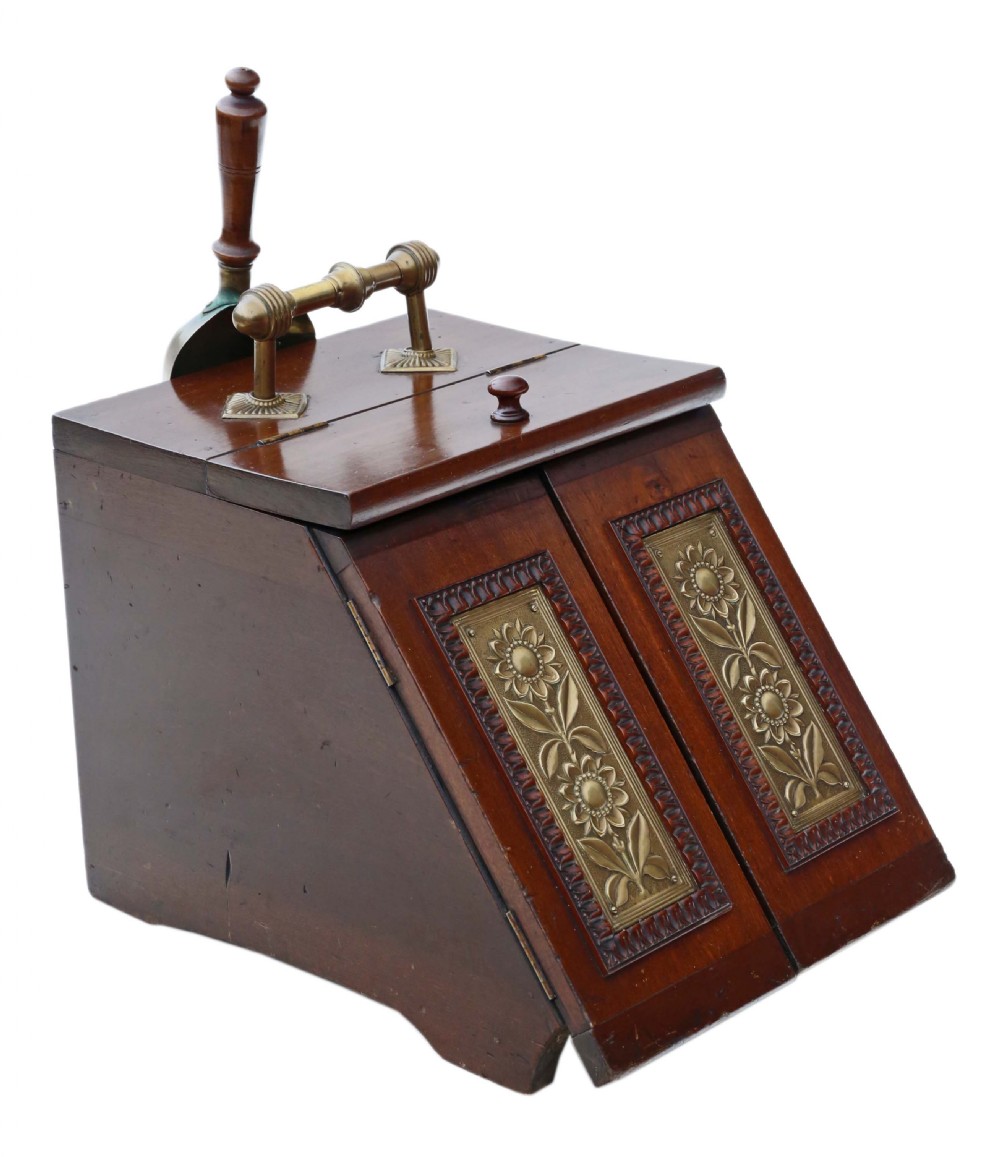 Art Nouveau beech walnut and brass coal scuttle box View II