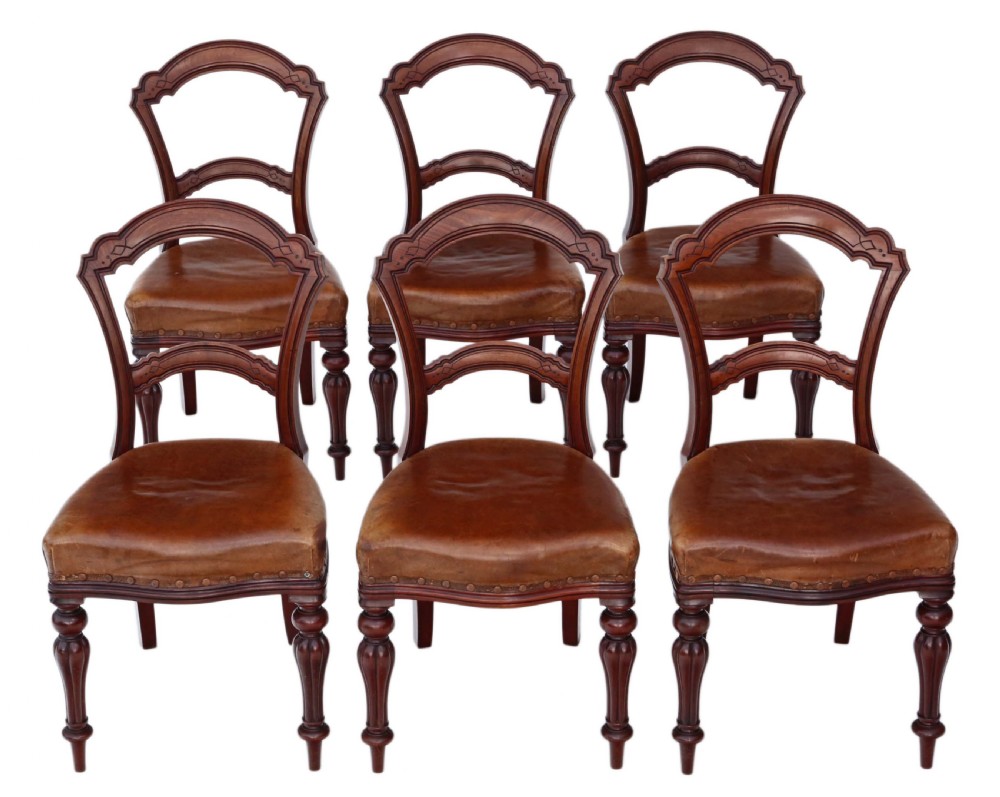 Set of 6 Victorian C1880 walnut leather balloon back dining chairs 