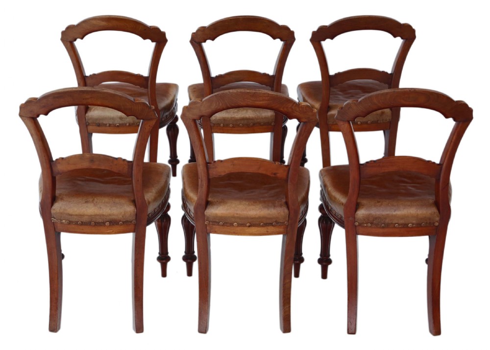 Set of 6 Victorian C1880 walnut leather balloon back dining chairs  View II