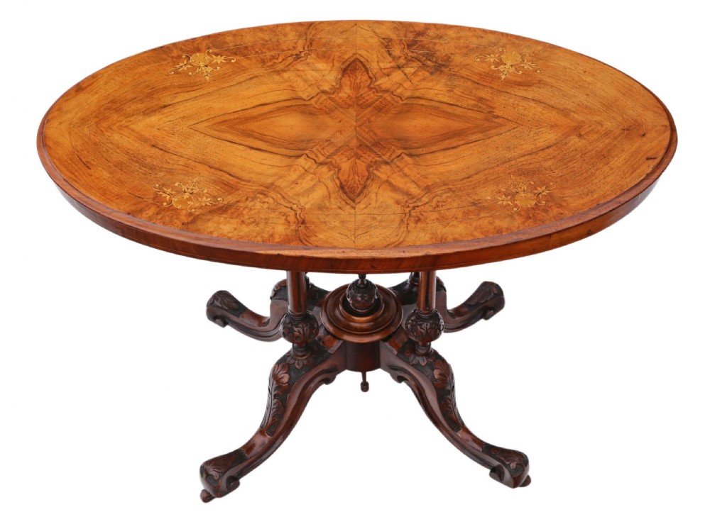 Victorian inlaid figured walnut oval supper table View III
