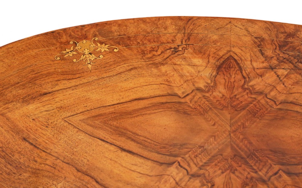 Victorian inlaid figured walnut oval supper table View V