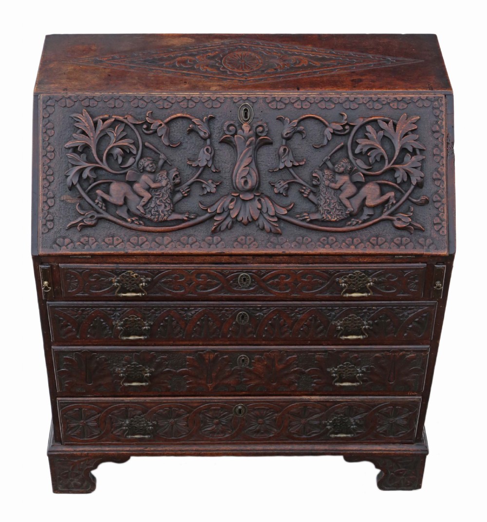 Georgian C1800 carved oak bureau View II
