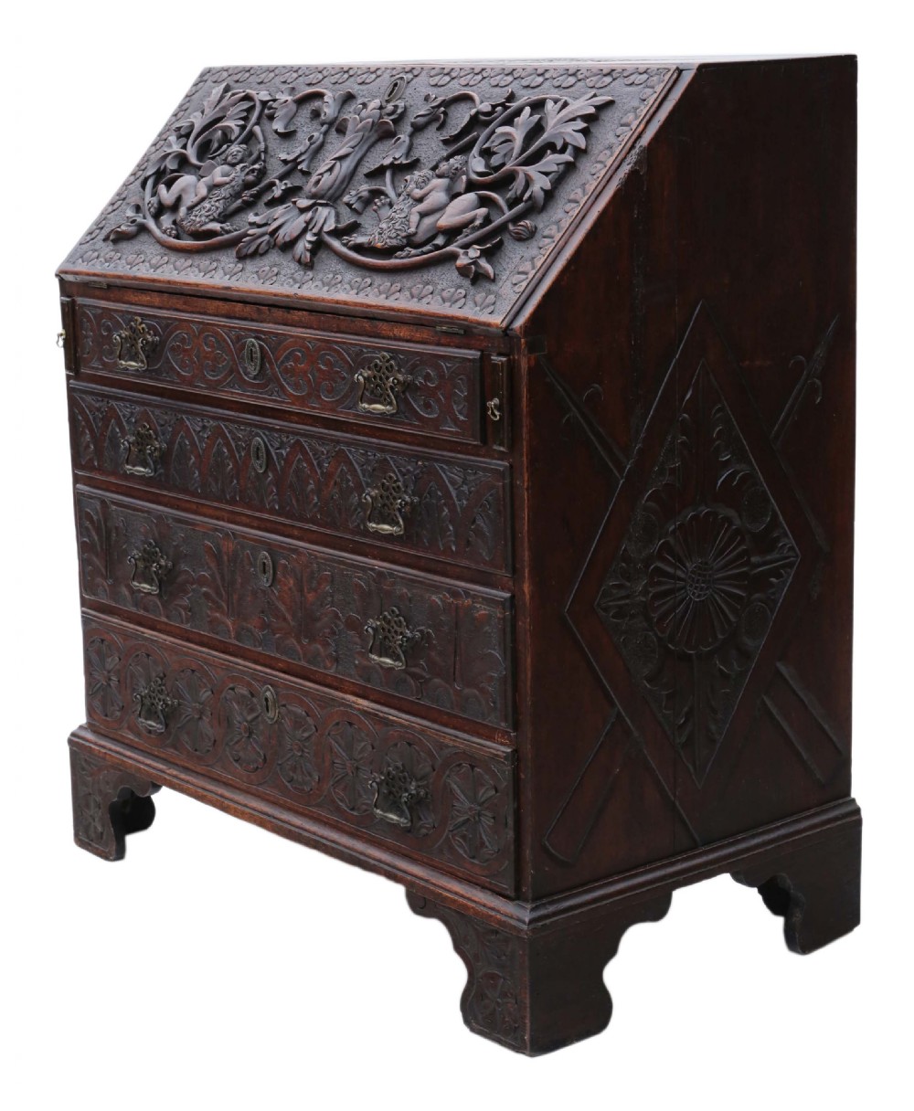 Georgian C1800 carved oak bureau View VII