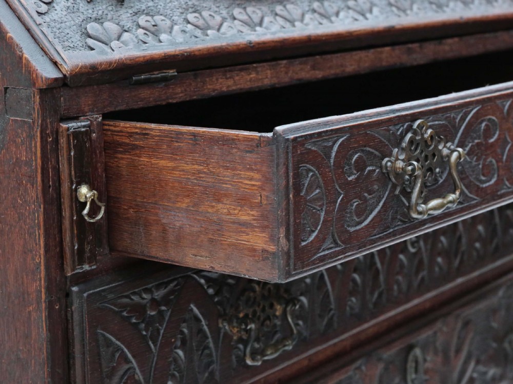 Georgian C1800 carved oak bureau View IX