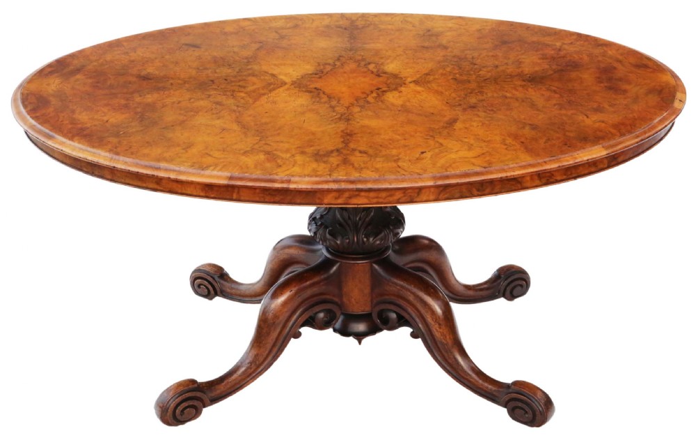 Victorian burr walnut oval loo breakfast tilt top table