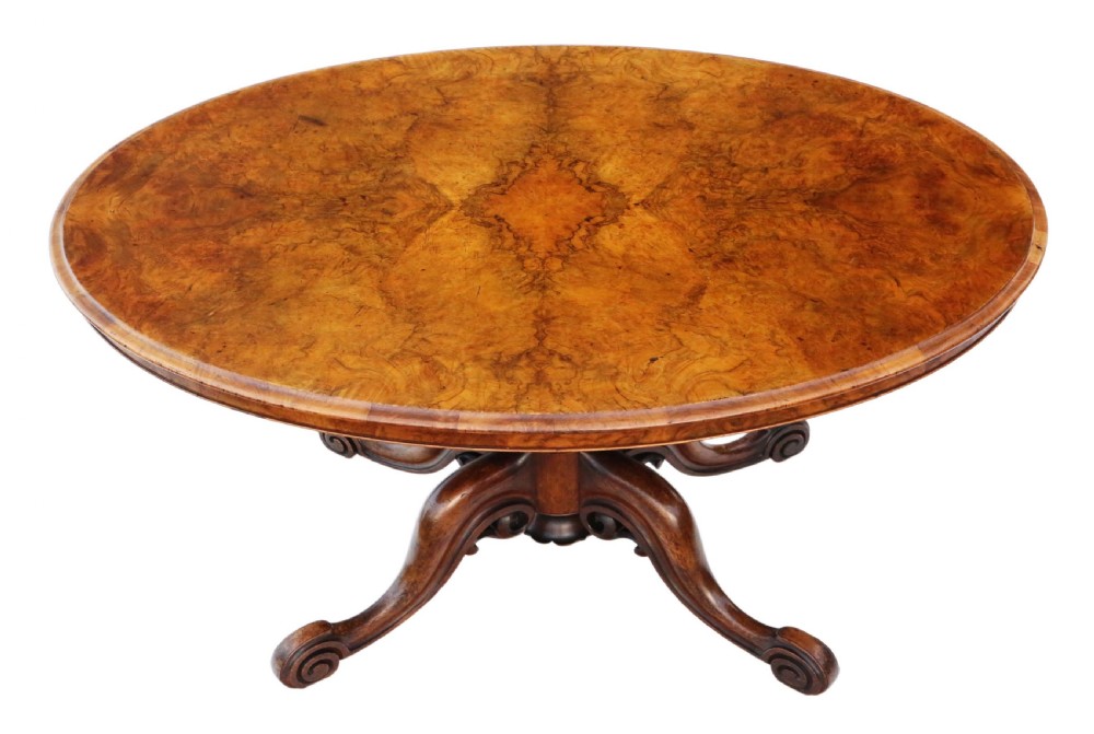 Victorian burr walnut oval loo breakfast tilt top table View II