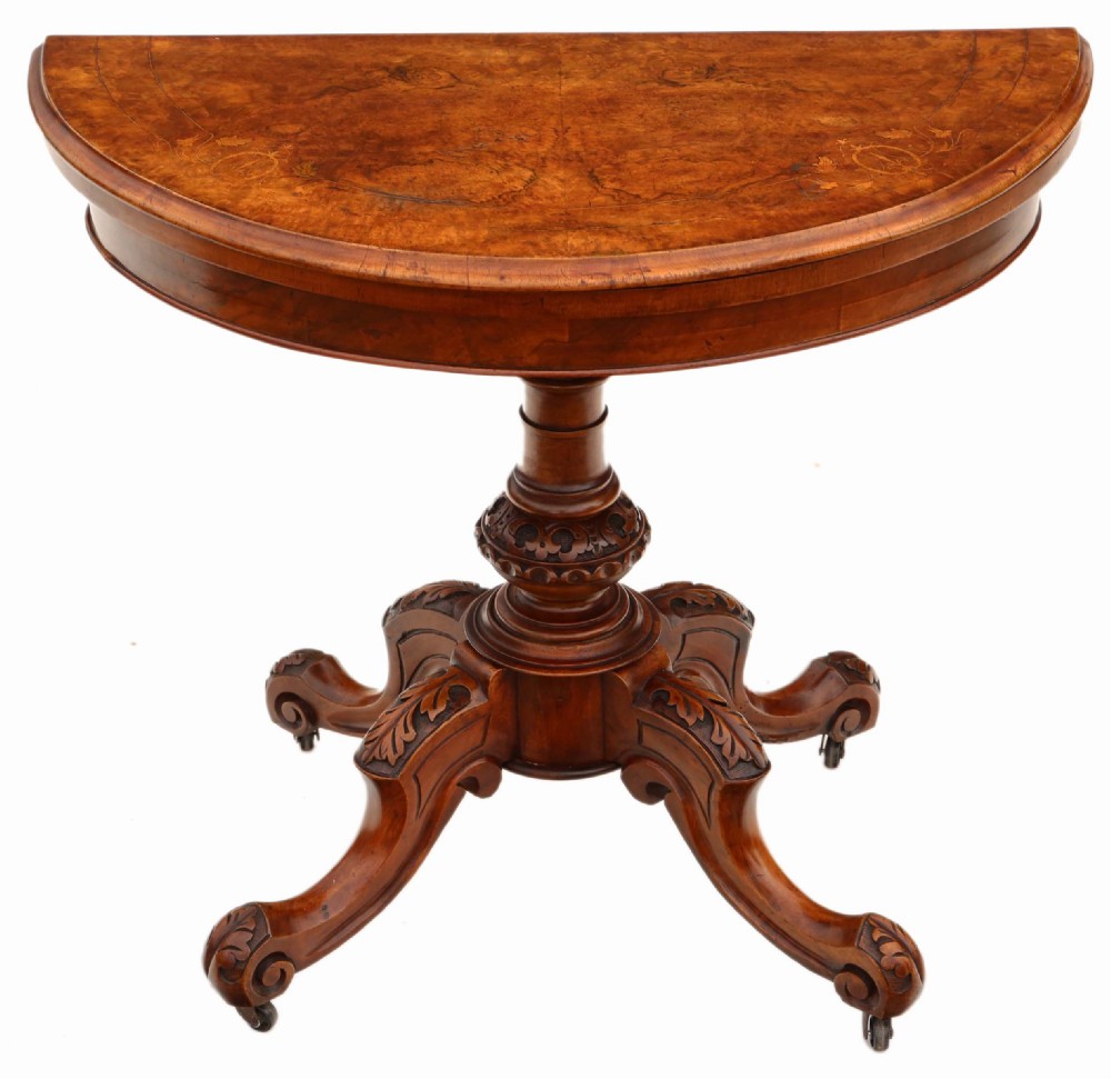 Victorian C1860 burr walnut folding demi-lune card table 
