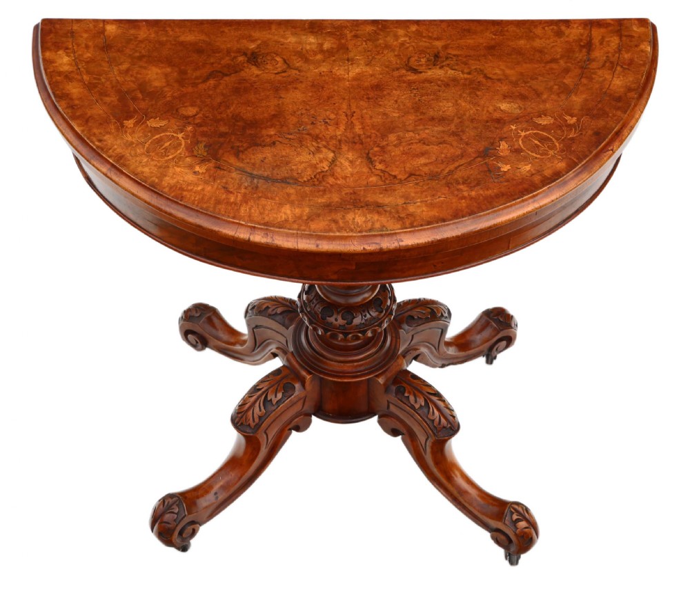 Victorian C1860 burr walnut folding demi-lune card table  View II
