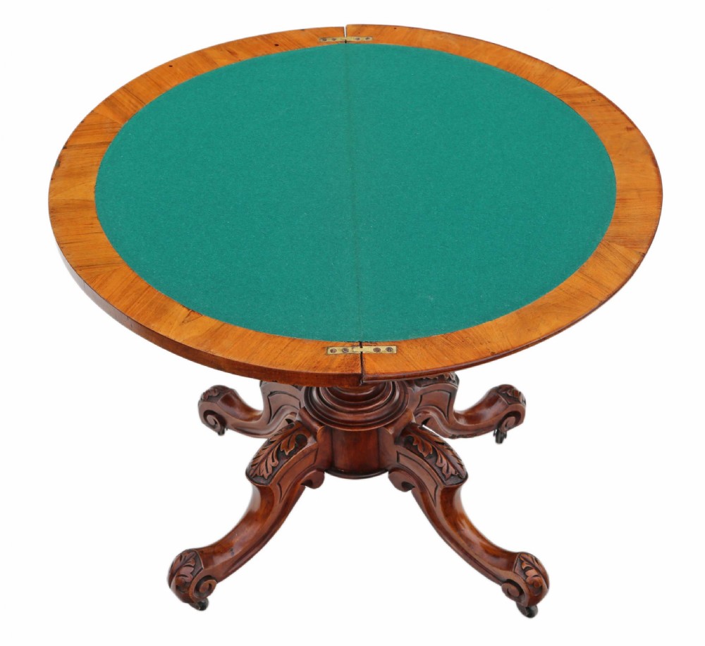 Victorian C1860 burr walnut folding demi-lune card table  View VIII
