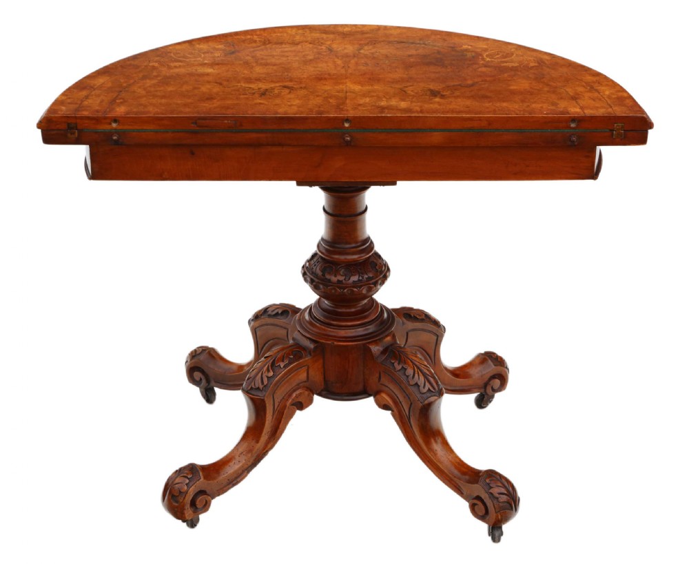 Victorian C1860 burr walnut folding demi-lune card table  View IX