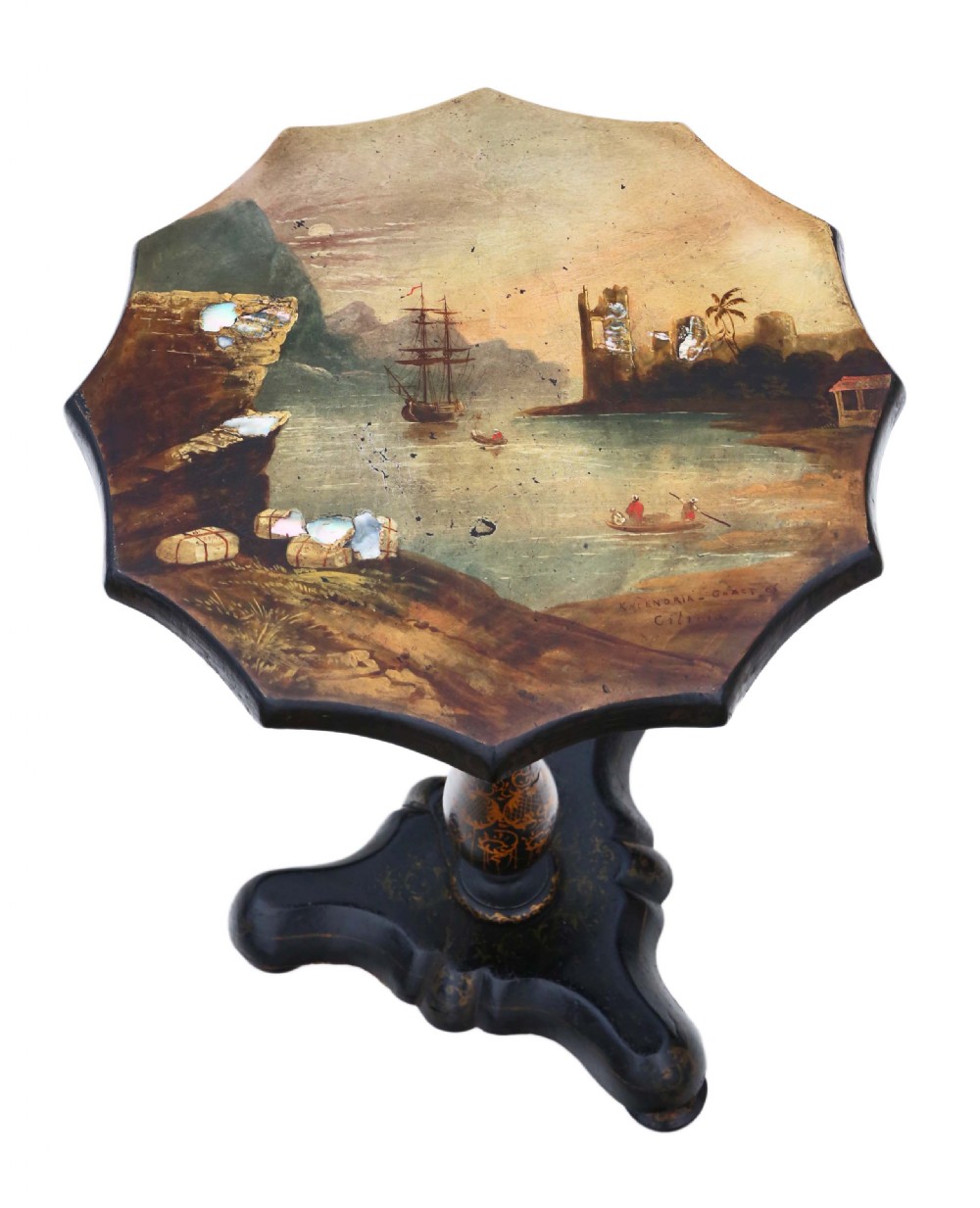 Victorian hand decorated papier mache tilt top tea table  View II