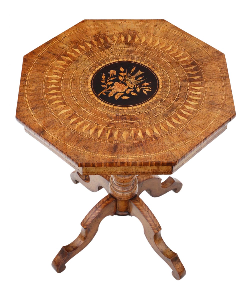 Victorian satinwood walnut marquetry tilt top tea table View II