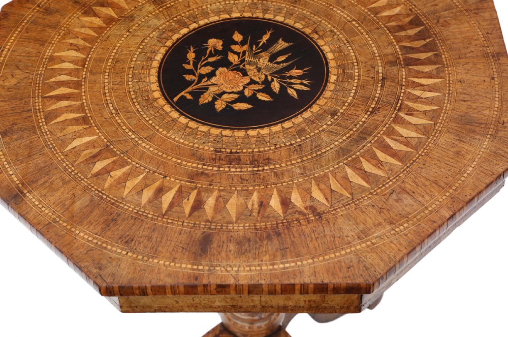 Victorian satinwood walnut marquetry tilt top tea table View III