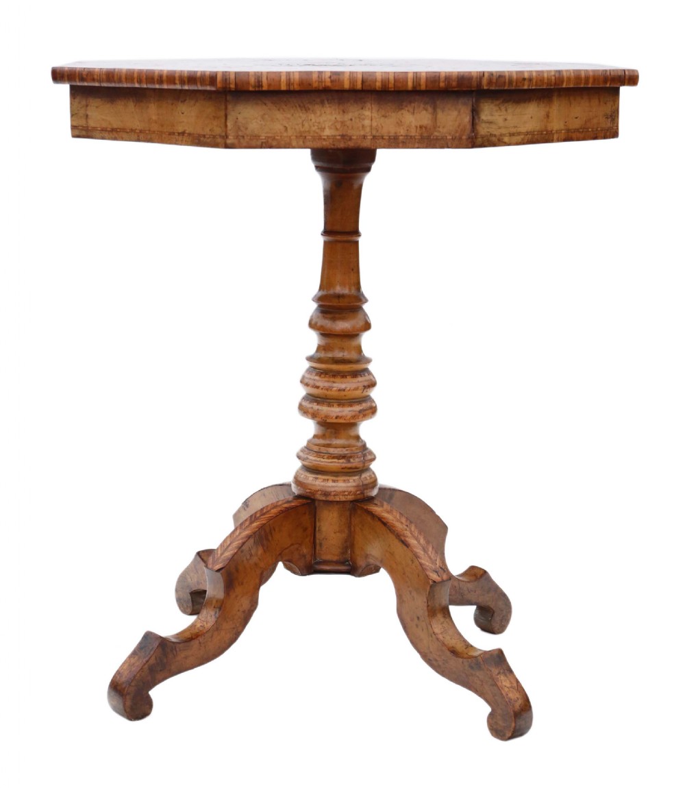 Victorian satinwood walnut marquetry tilt top tea table View IV