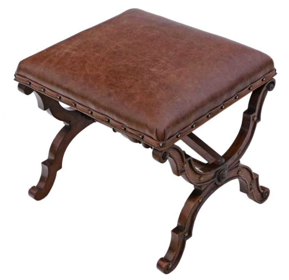Victorian walnut leather x-frame stool