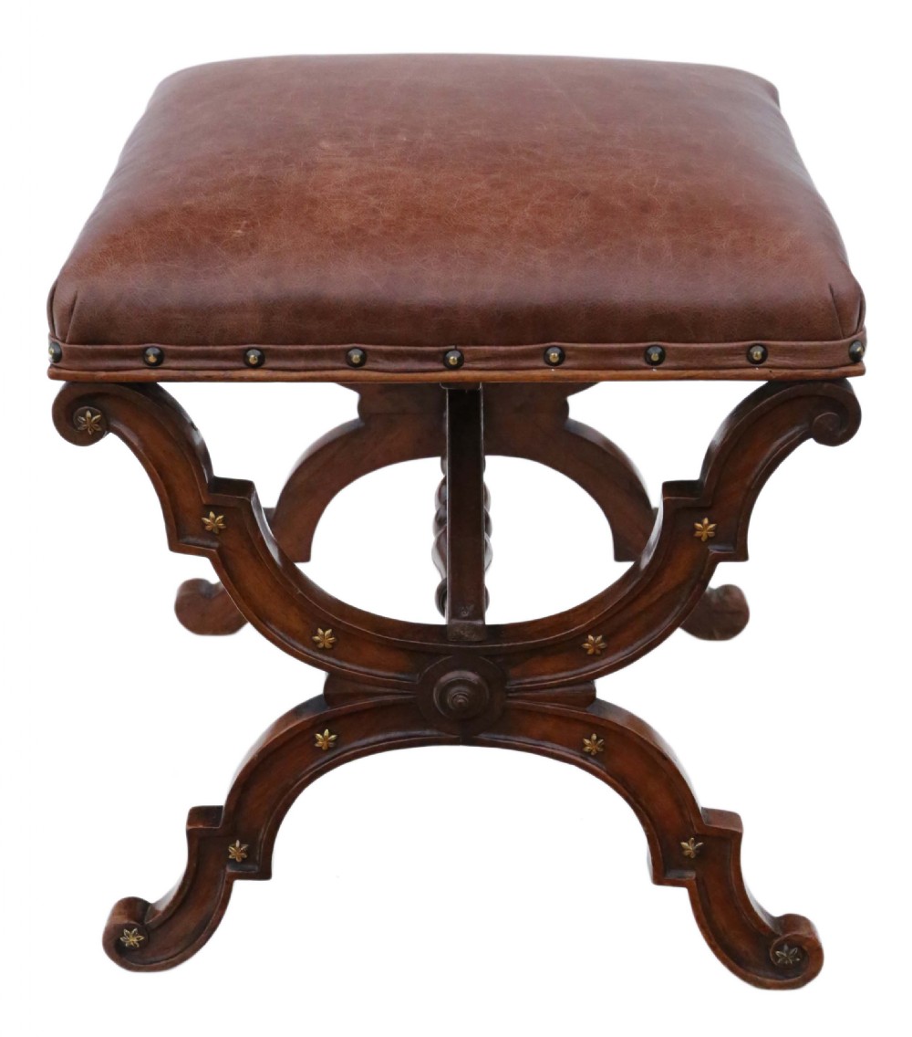 Victorian walnut leather x-frame stool View IV